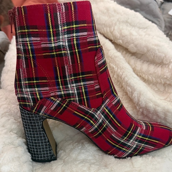 Betsey Johnson Shoes - Betsey Johnson Red Plaid Ankle Booties with Patterned Block Heel